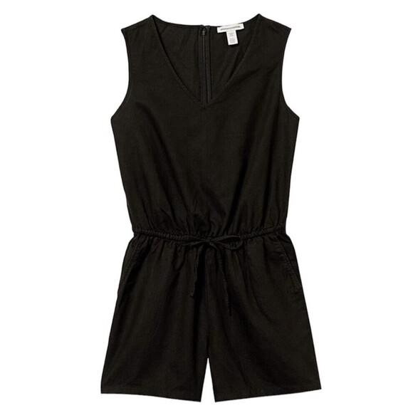 Women Black Romper Size 4 Linen Blend V Neck Drawstring - Picture 6 of 7
